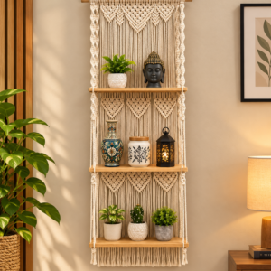 Macrame Wall Hanging Shelf for Home Decor | Wooden Floating Display Shelf