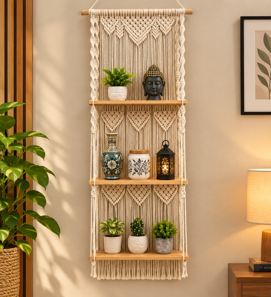 Macrame Wall Hanging Shelf for Home Decor | Wooden Floating Display Shelf