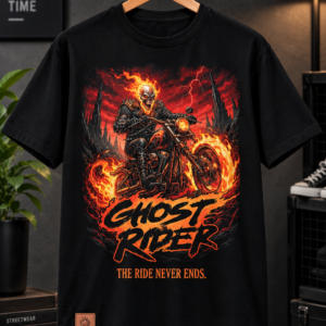 Ghost Rider Graphic T-Shirt - "The Ride Never Ends" Flaming Biker Tee