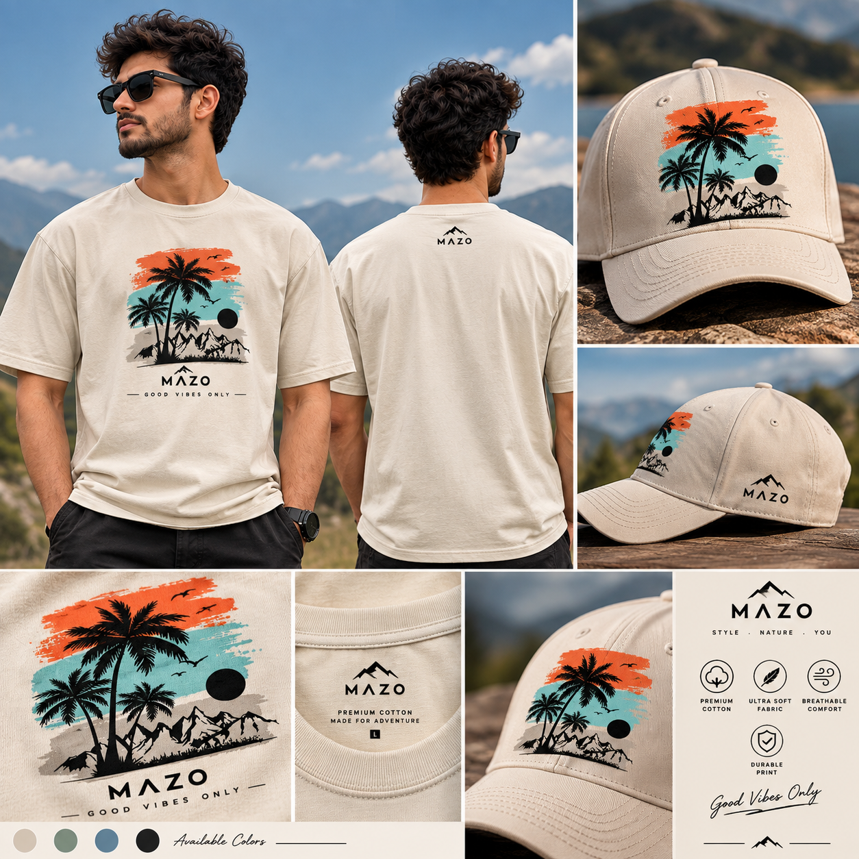 MAZO "Good Vibes Only" Premium Cotton Tropical Landscape T-Shirt & Matching Cap Combo