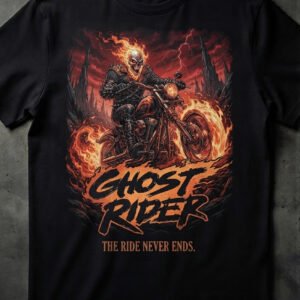 Ghost Rider Graphic T-Shirt - "The Ride Never Ends" Flaming Biker Tee