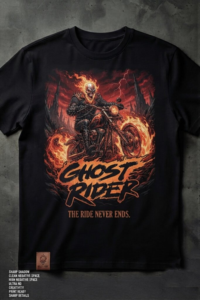 Ghost Rider Graphic T-Shirt - "The Ride Never Ends" Flaming Biker Tee