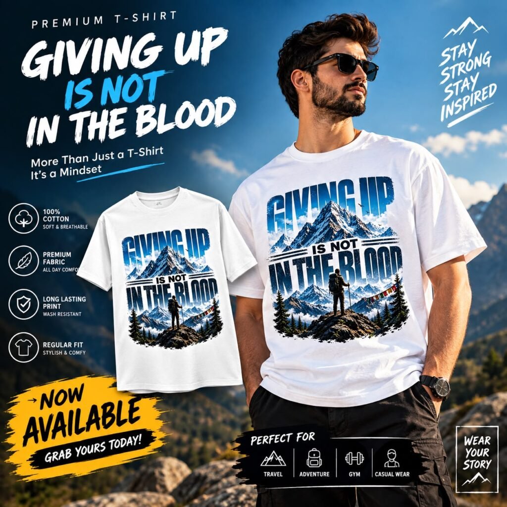 Premium Cotton T-Shirt – Giving Up Is Not in the Blood | Mountain Adventure Graphic Tee