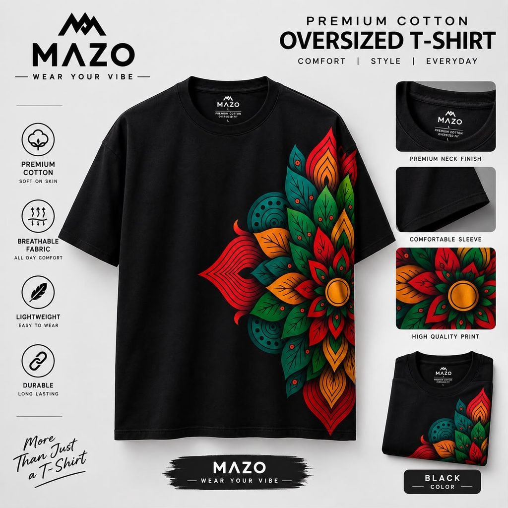 MAZO Premium Cotton Oversized T-Shirt with colorful peacock feather print