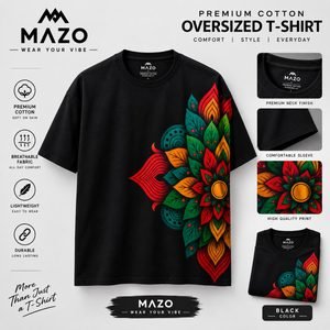 MAZO Premium Cotton Oversized T-Shirt with colorful peacock feather print