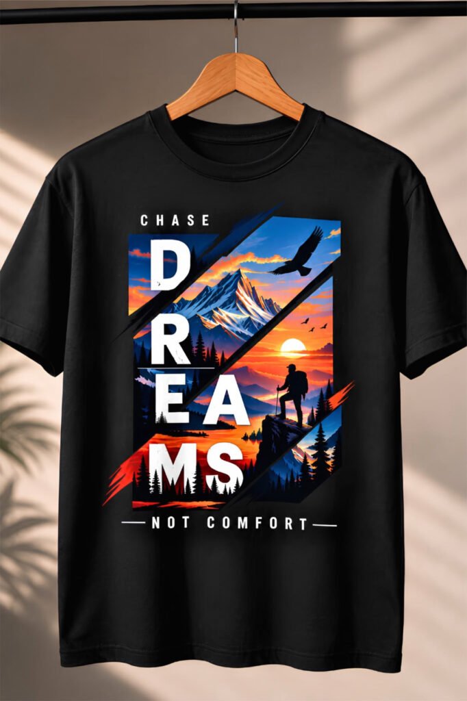 Dreams Not Comfort – Mountain Adventure Graphic Black T-Shirt