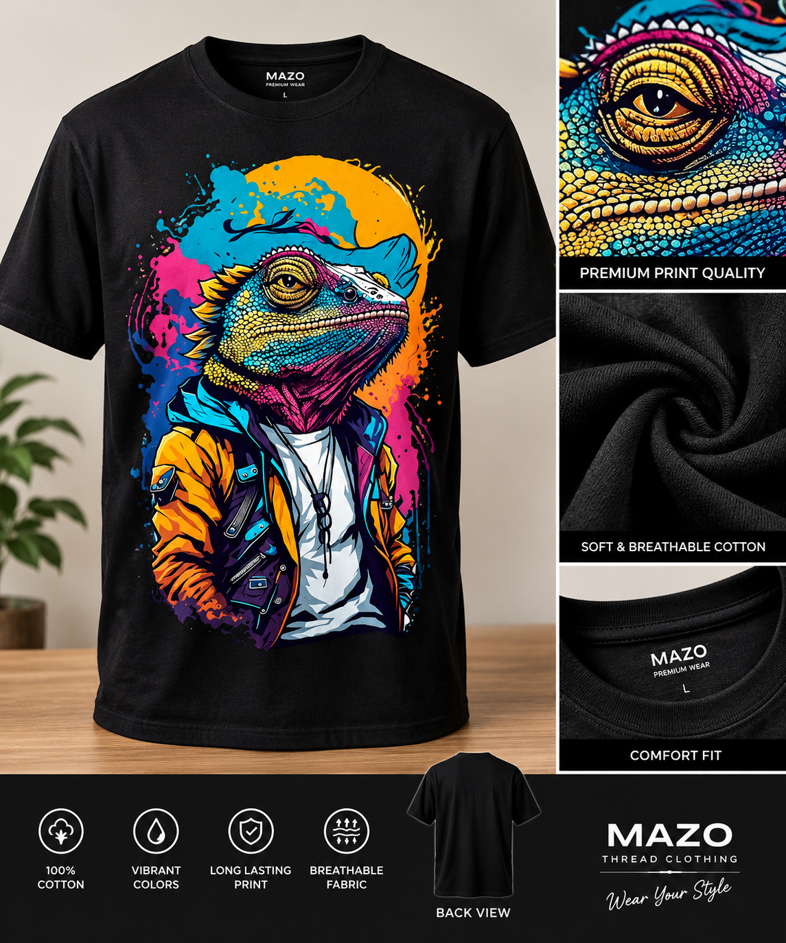 MAZO Premium Cotton Graphic T-Shirt – Vibrant Chameleon Urban Streetwear