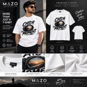 MAZO Premium White Graphic T-Shirt – Catch The Moment | Stylish Cotton Tee