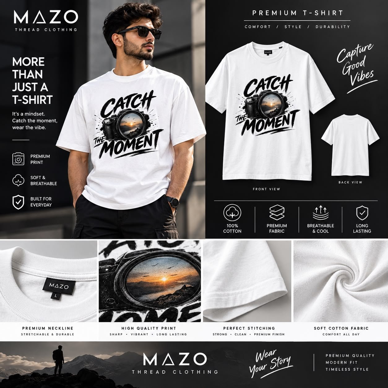 MAZO Premium White Graphic T-Shirt – Catch The Moment | Stylish Cotton Tee